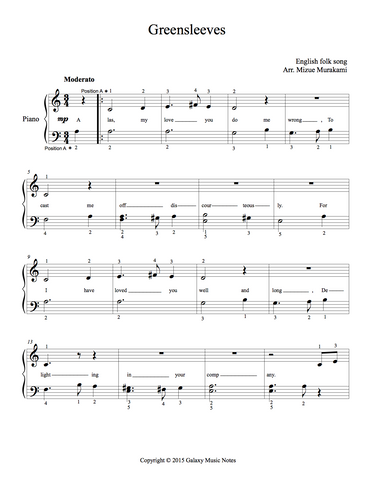 Greensleeves Level 2 - 1st piano music sheet
