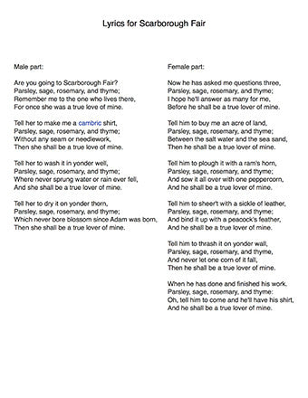 Scarborough Fair - Lyrics page