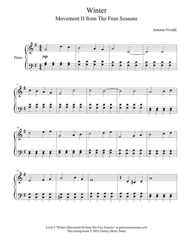 Winter - MVMT 2 by Vivaldi: Level 3 - Piano sheet - Page 1