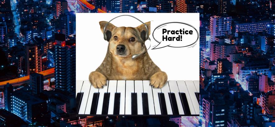 Dog at piano says "Practice hard"