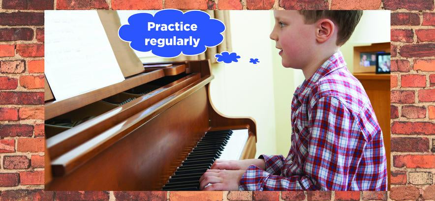 young boy at piano saying "Practice Regularly"