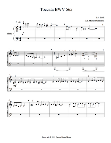 Toccata BWV 565 Level 3 - 1st piano music sheet