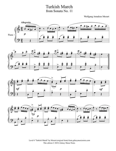 Turkish March by Mozart: Level 6 piano sheet music - page 1